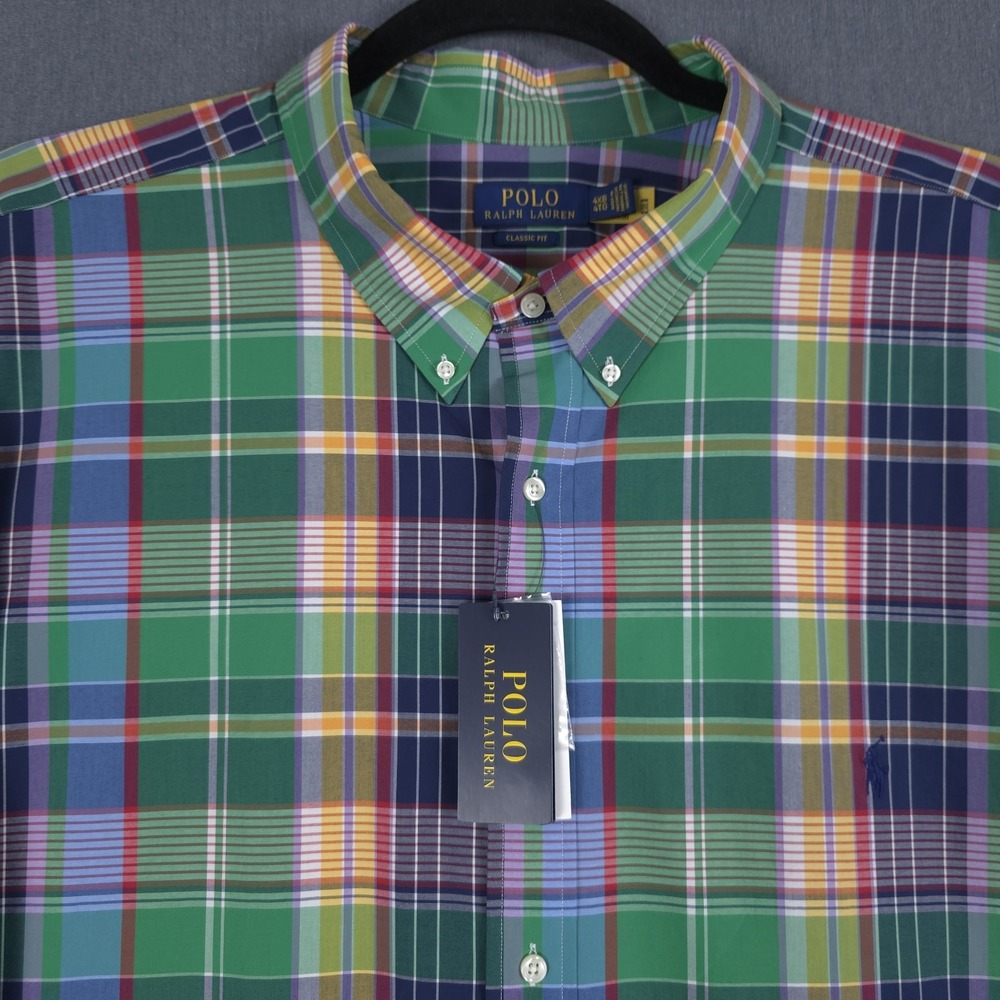 Polo Ralph Lauren Poplin Shirt Mens 4XB Plaid Classic Fit Long Sleeve Button‎ Up